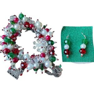 Handmade Christmas Beaded Charm Bracelet + Earring